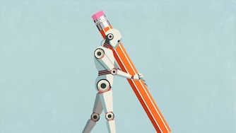 Humanoid robot with large pencil drawing line on blue background