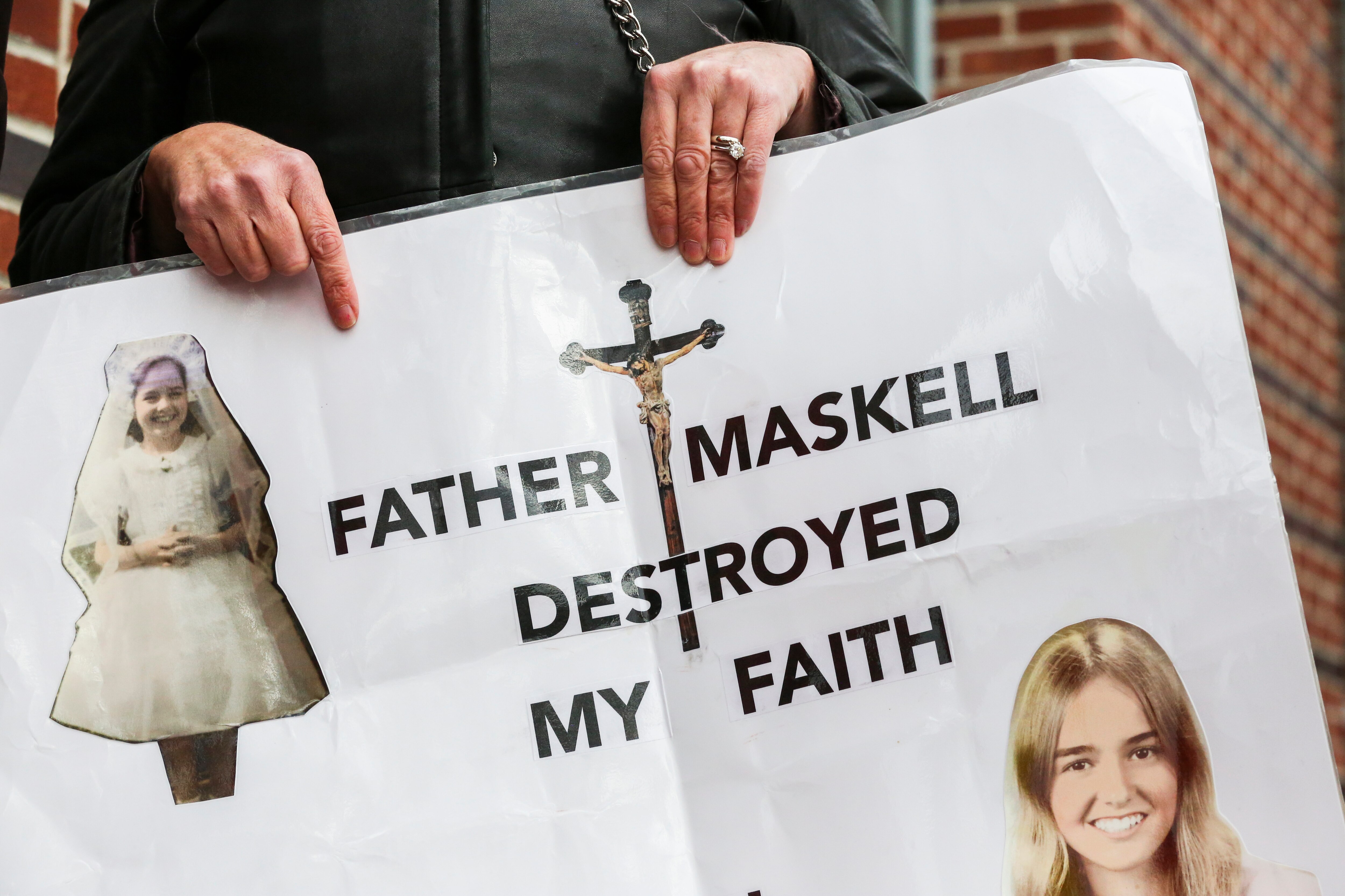 Survivors Network of those Abused by Priests (SNAP) Maryland gathered during a press conference held outside of the Marriott to urge newly elected Archbishop Timothy Broglio to add clerics who abused men or women over the age of 25 to its list of perpetrators. This sign shows a teenage photo of member Teresa Lancaster, at the age when she was abused.