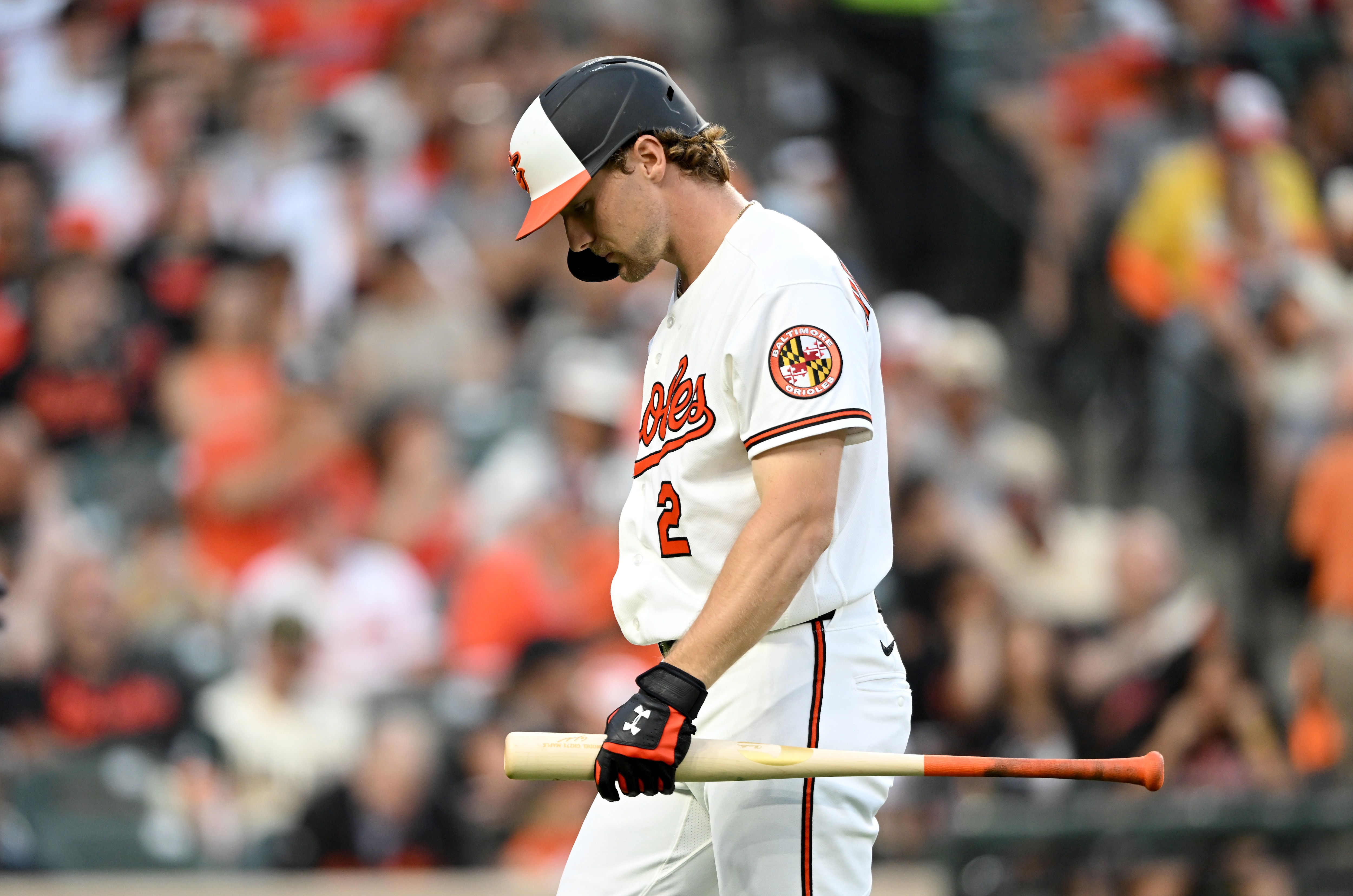 Gunnar Henderson returns to the dugout after striking out against the Nationals on Saturday. He went 1-for-14 during the three-game series.