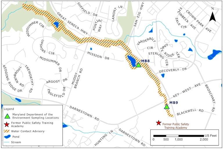 An advisory map, released by Montgomery County, showing the portions of Muddy Branch stream and pond where a water contact advisory has been issued.
