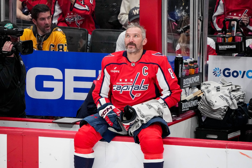 Washington Capitals left wing Alex Ovechkin (8) sits on the bench railing during a pause in the action in the third period of an NHL match against the Pittsburgh Penguins at Capital One Arena in Washington, D.C. on Sunday, April 12, 2026.