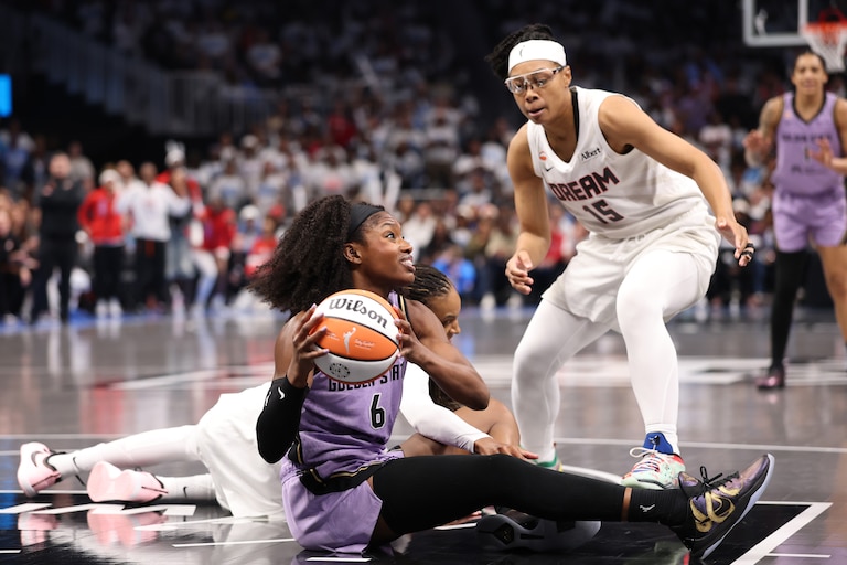 ATLANTA, GEORGIA - OCTOBER 24: Kaila Charles #6 of the Golden State Valkyries looks to pass the ball against Allisha Gray #15 and DeWanna Bonner #24 of the Atlanta Dream during the third quarter in game four of the 2026 WNBA Finals at State Farm Arena on October 24, 2026 in Atlanta, Georgia. NOTE TO USER: User expressly acknowledges and agrees that, by downloading and or using this photograph, User is consenting to the terms and conditions of the Getty Images License Agreement. (Photo by Kevin C. Cox/Getty Images)