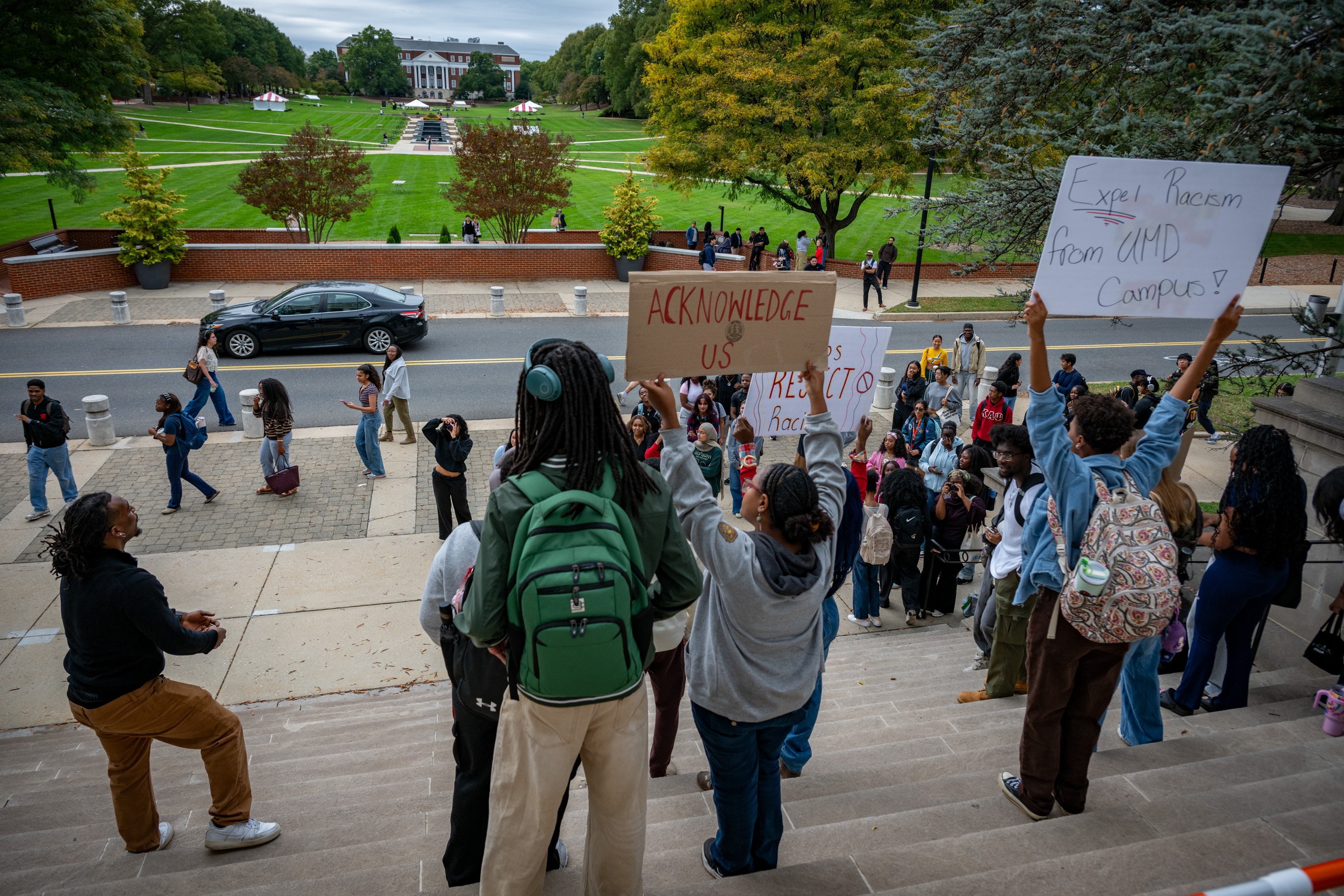 University of Maryland students protest on the steps of the Thomas V. Miller Jr. Administration Building over a racist image sent out by the school’s club tennis team.