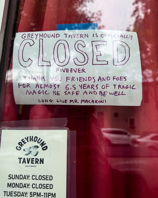 The now-closed Greyhound Tavern at 1822 Fleet Street in Baltimore.
