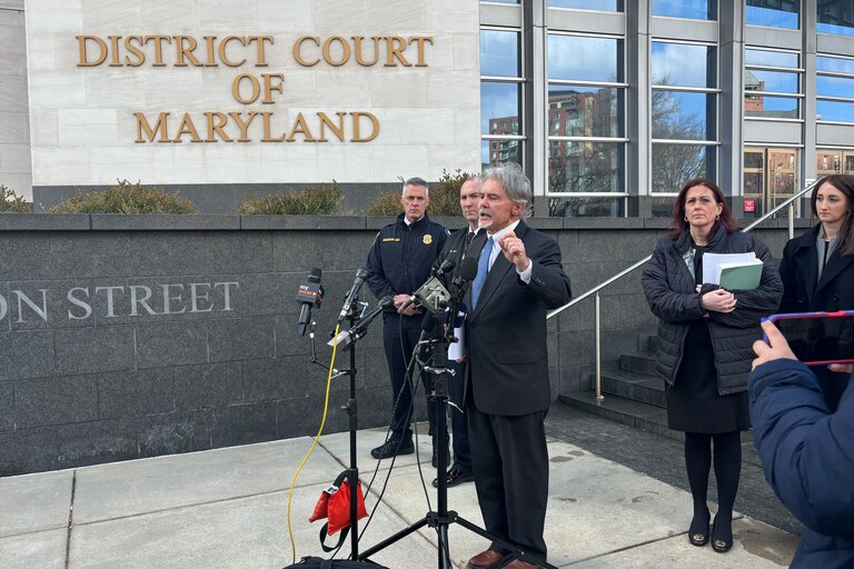 FEBRUARY 11, 2026 - Montgomery County State’s Attorney John McCarthy addresses the press outside the Montgomery County District Court in Rockville after a bond hearing for the 16-year-old suspect in the Wootton High School shooting.