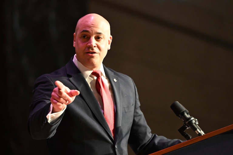Dave Sunday gestures while speaking to the audience in the Forum Auditorium across the street from the Capitol after taking the oath of office to become Pennsylvania's next attorney general, Jan. 21, 2025, in Harrisburg, Pa.