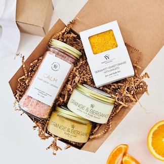 Orange and bergamot soap, body butter, body scrub and bath salts