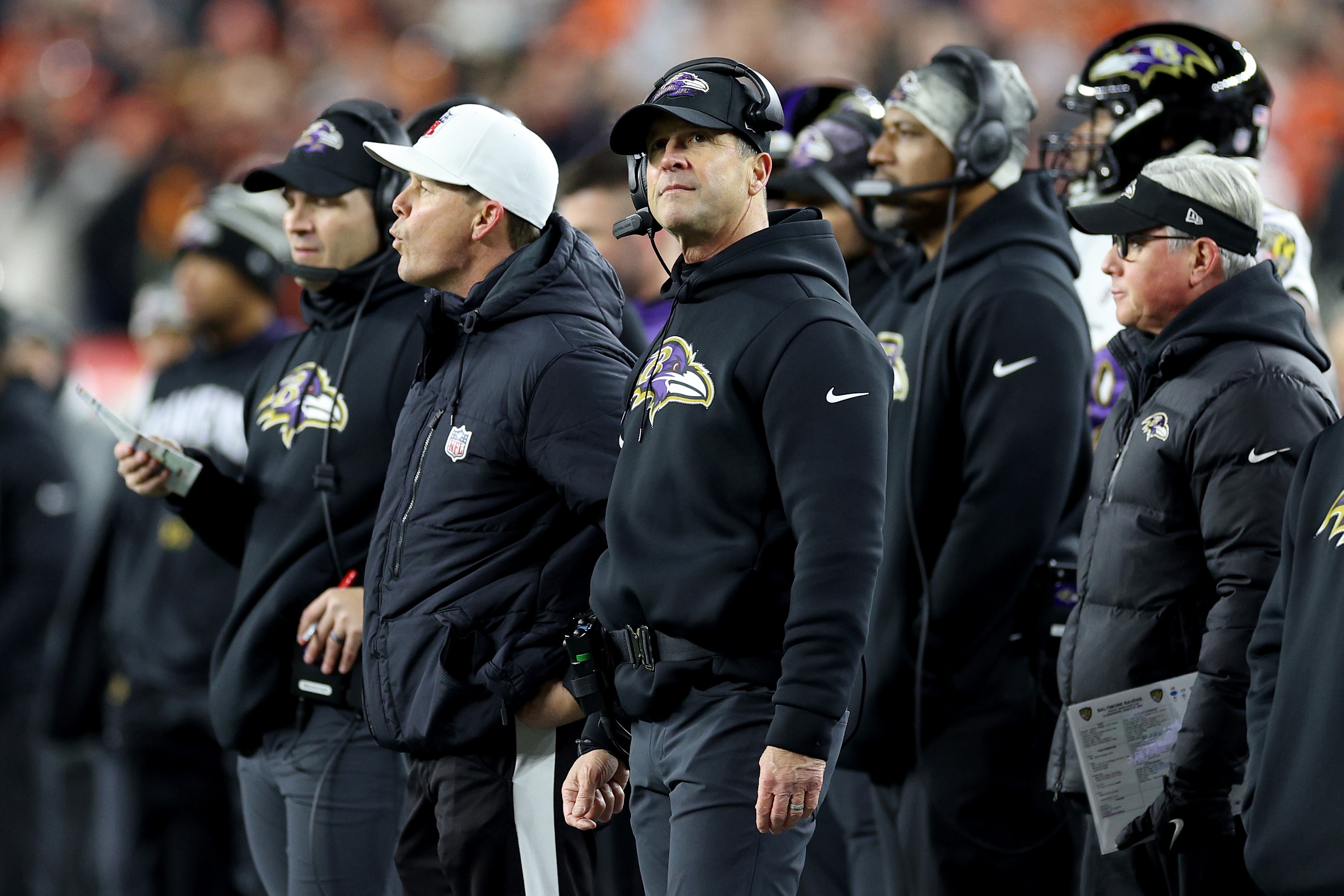 CINCINNATI, OHIO - JANUARY 15: Head coach John Harbaugh of the Baltimore Ravens reacts from the sidelines against the Cincinnati Bengals during the second quarter in the AFC Wild Card playoff game at Paycor Stadium on January 15, 2023 in Cincinnati, Ohio.