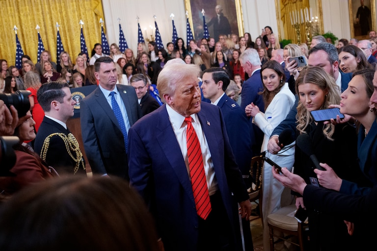 WASHINGTON, DC - FEBRUARY 05: U.S. President Donald Trump departs after signing the "No Men in Women's Sports" executive order in the East Room of the White House on February 5, 2025 in Washington, DC. The executive order, which Trump signed on National Girls and Women in Sports Day, prohibits transgender women from competing in women's sports and is the third order he has signed that targets transgender people.
