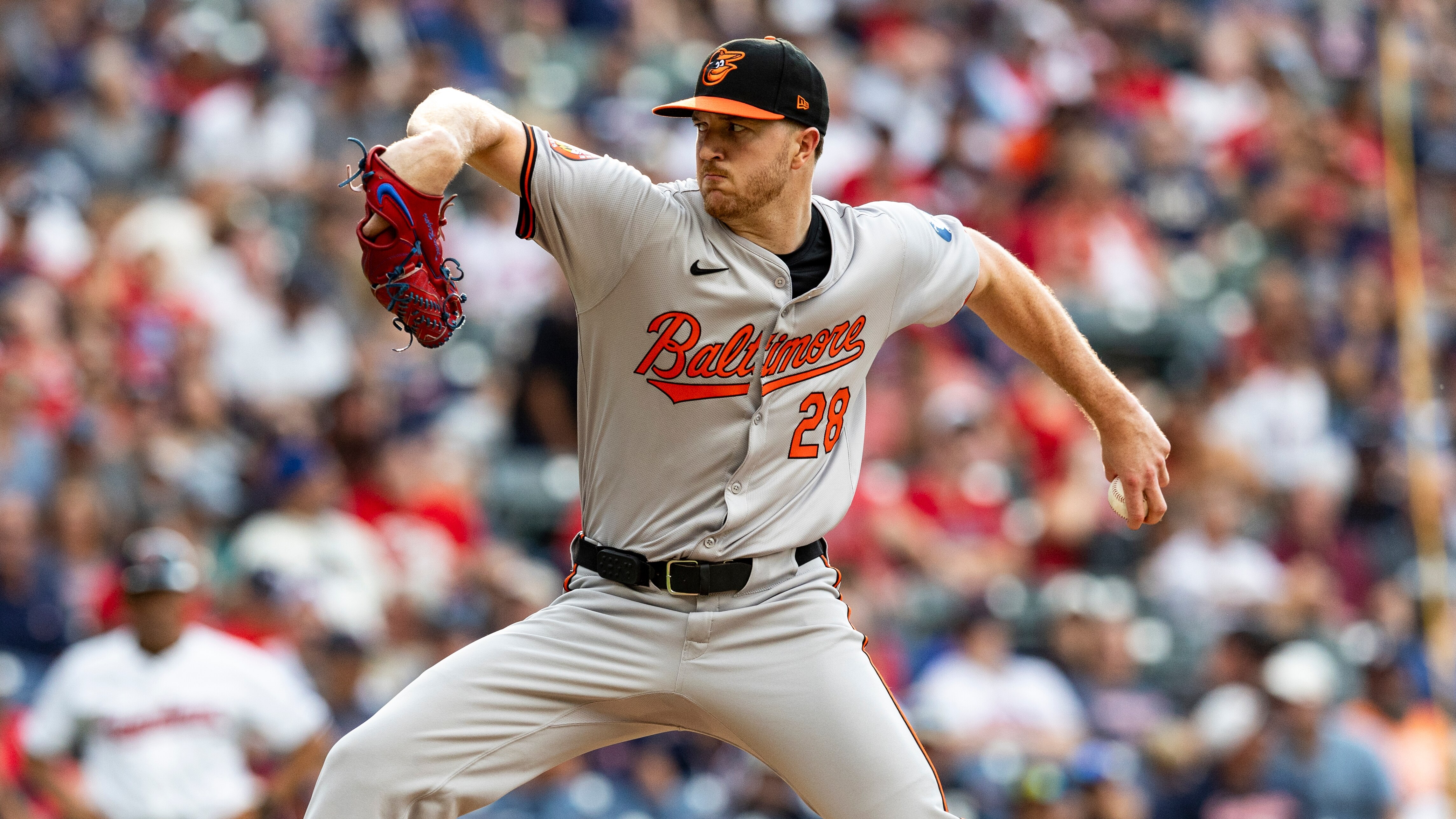 CLEVELAND, OHIO - AUGUST 1: Trevor Rogers #28 of the Baltimore Orioles pitches to Steven Kwan #38 of the Cleveland Guardians in the first inning of the game at Progressive Field on August 1, 2024 in Cleveland, Ohio. (Photo by Lauren Leigh Bacho/Getty Images)