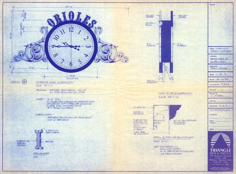 Original shop drawings from Triangle Sign & Service show the specifications for the clock they crafted for Camden Yards.