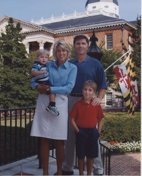 Gov. Robert Ehrlich and his wife, Kendel, and their children Josh and Drew stand on the grounds of Government House in 2005.
