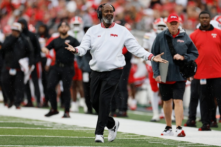 Maryland head coach Michael Locksley, center, reacts to a referee's call during the first half of an NCAA college football game against Ohio State, Saturday, Oct. 10, 2026, in Columbus, Ohio. (AP Photo/Jay LaPrete)