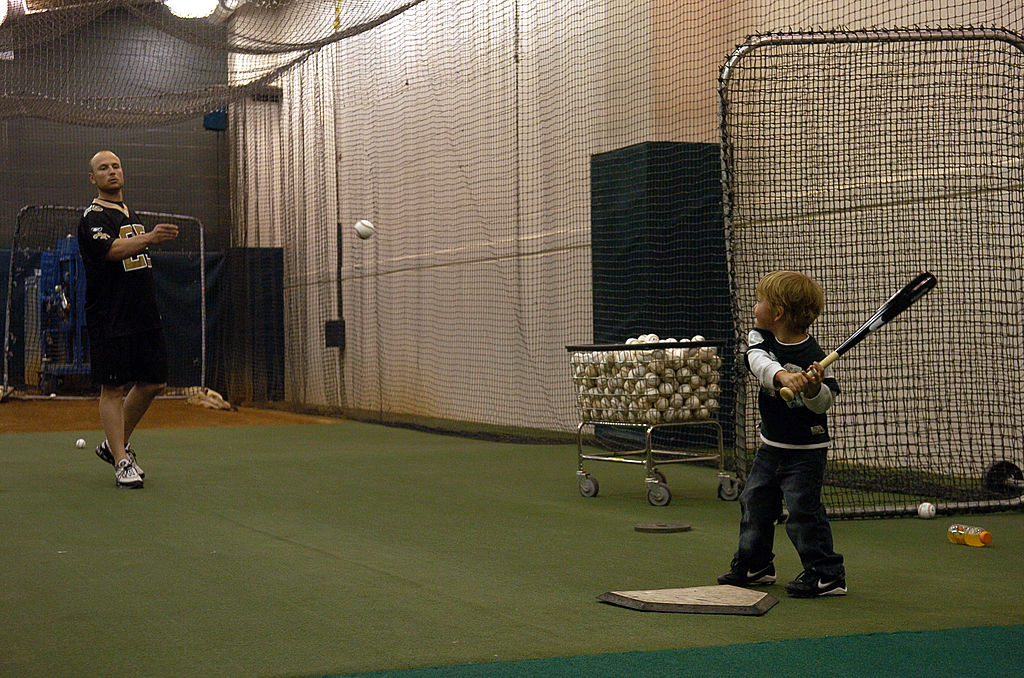 Matt Holliday throws a pitch to his 3-year-old son, Jackson, on Oct. 21, 2007.