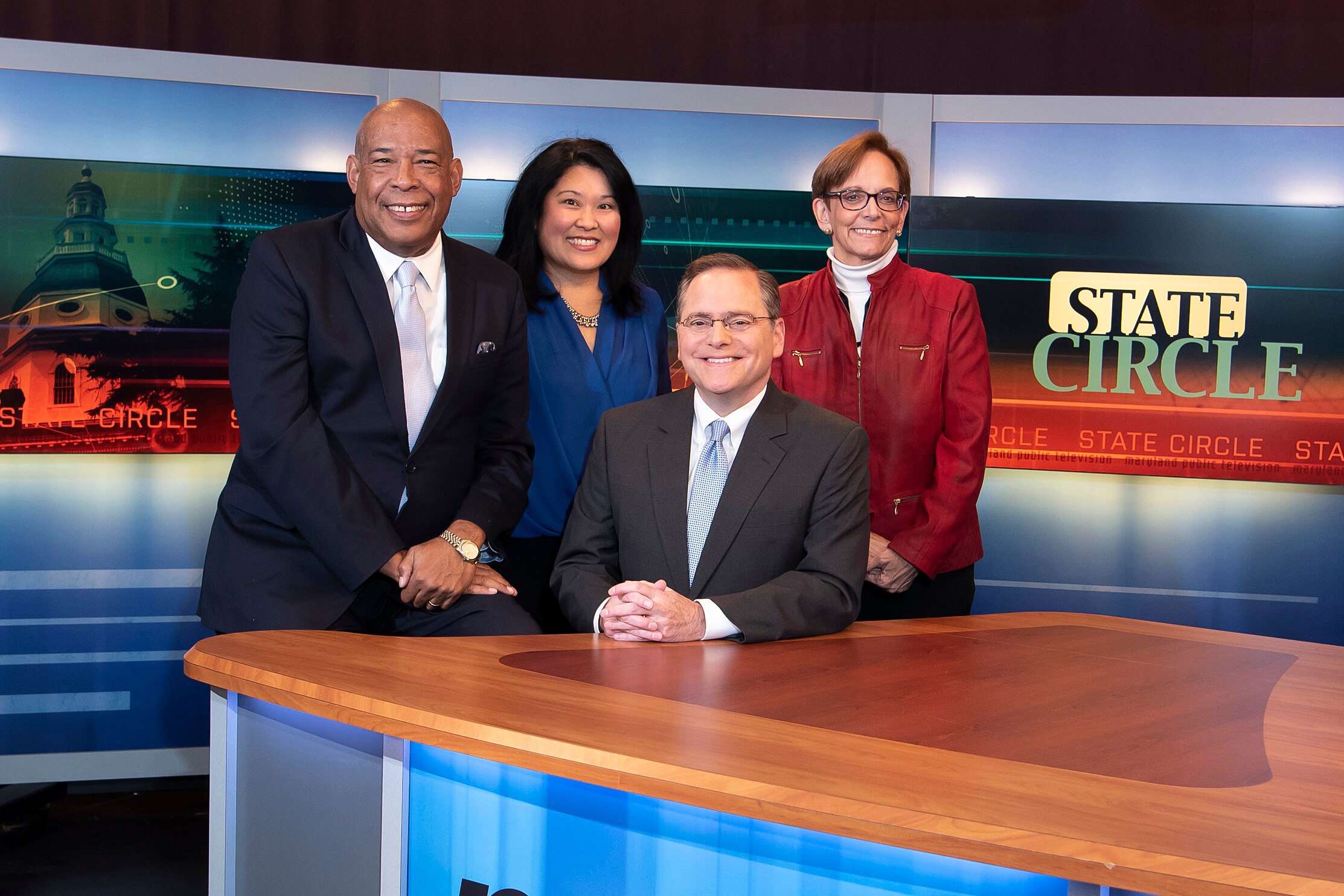 The MPTState Circle team in 2019. Left to right standing: reporters Charles Robinson, Nancy Yamada, Sue Kopen Katcef. Sitting: host Jeff Salkin.