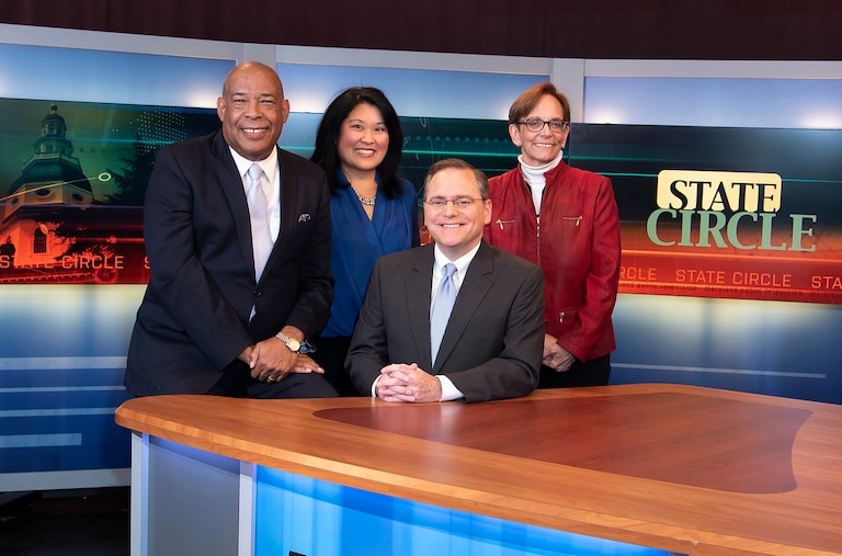 The MPTState Circle team in 2019. Left to right standing: reporters Charles Robinson, Nancy Yamada, Sue Kopen Katcef. Sitting: host Jeff Salkin.