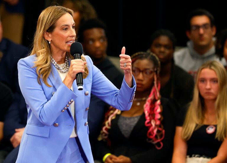 Democrat Mikie Sherrill responds to questions during the first general election gubernatorial debate with Republican opponent Jack Ciattarelli.