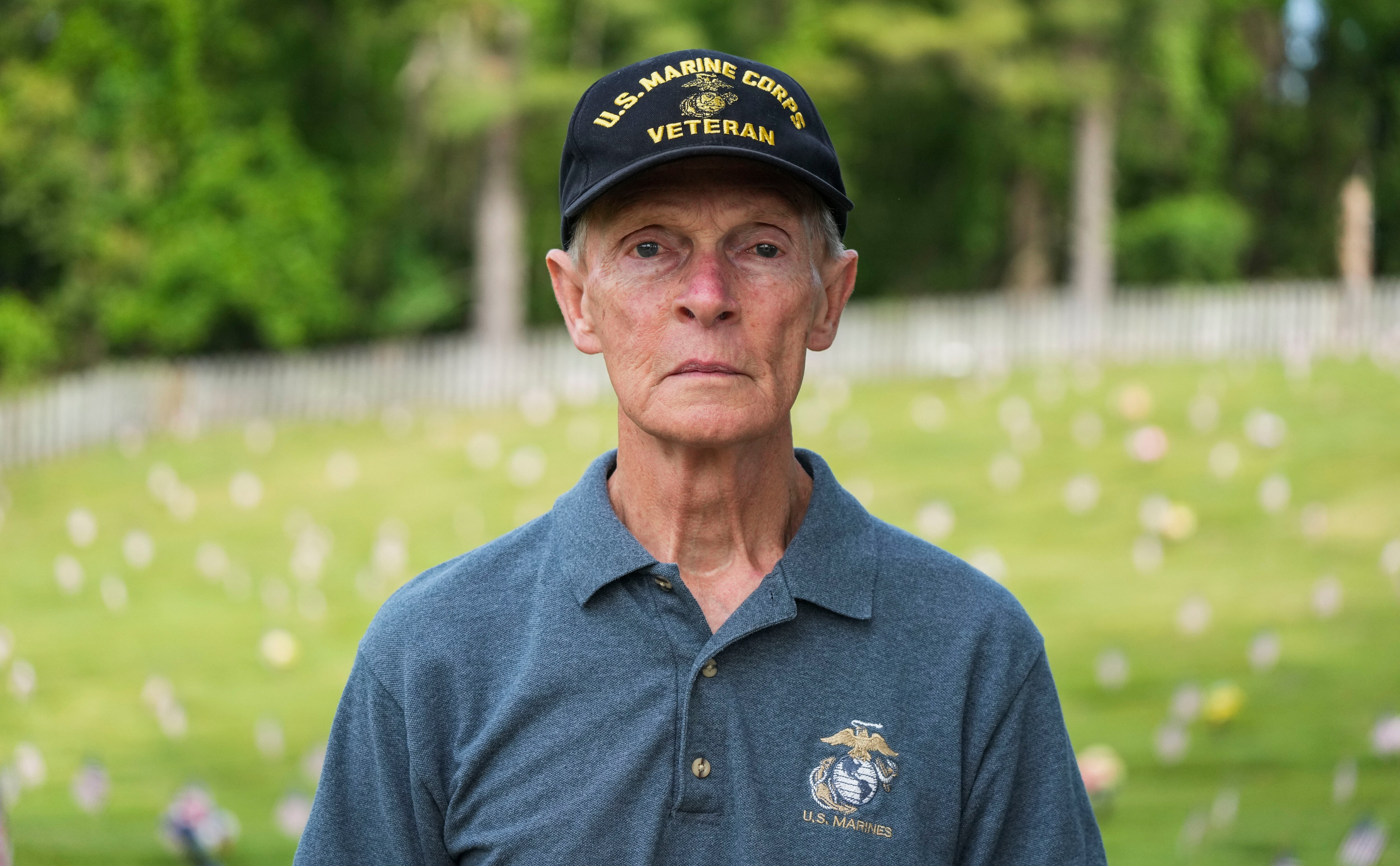 US Marine James Lutz, active 1969 - 1975, poses for a portrait at at Dulaney Valley Memorial Gardens Memorial Day Ceremony on May 29, 2023.