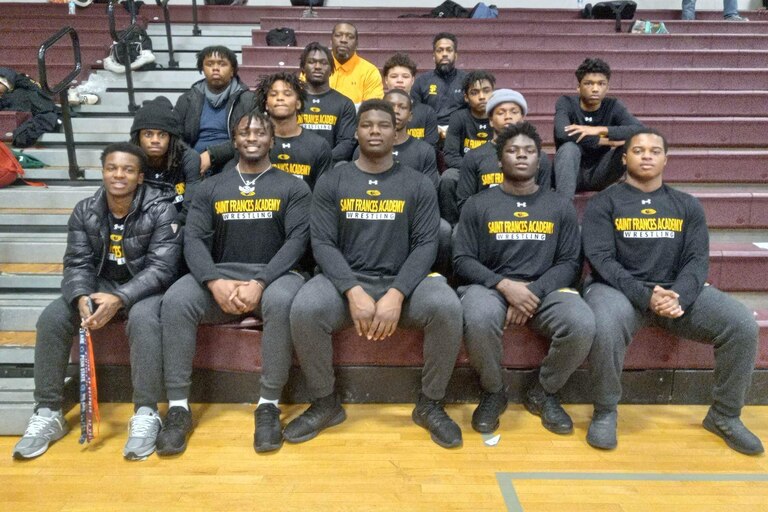 The St. Frances wrestling team gathered for a team photo after it captured the team championship at the Grindstone Duals.
