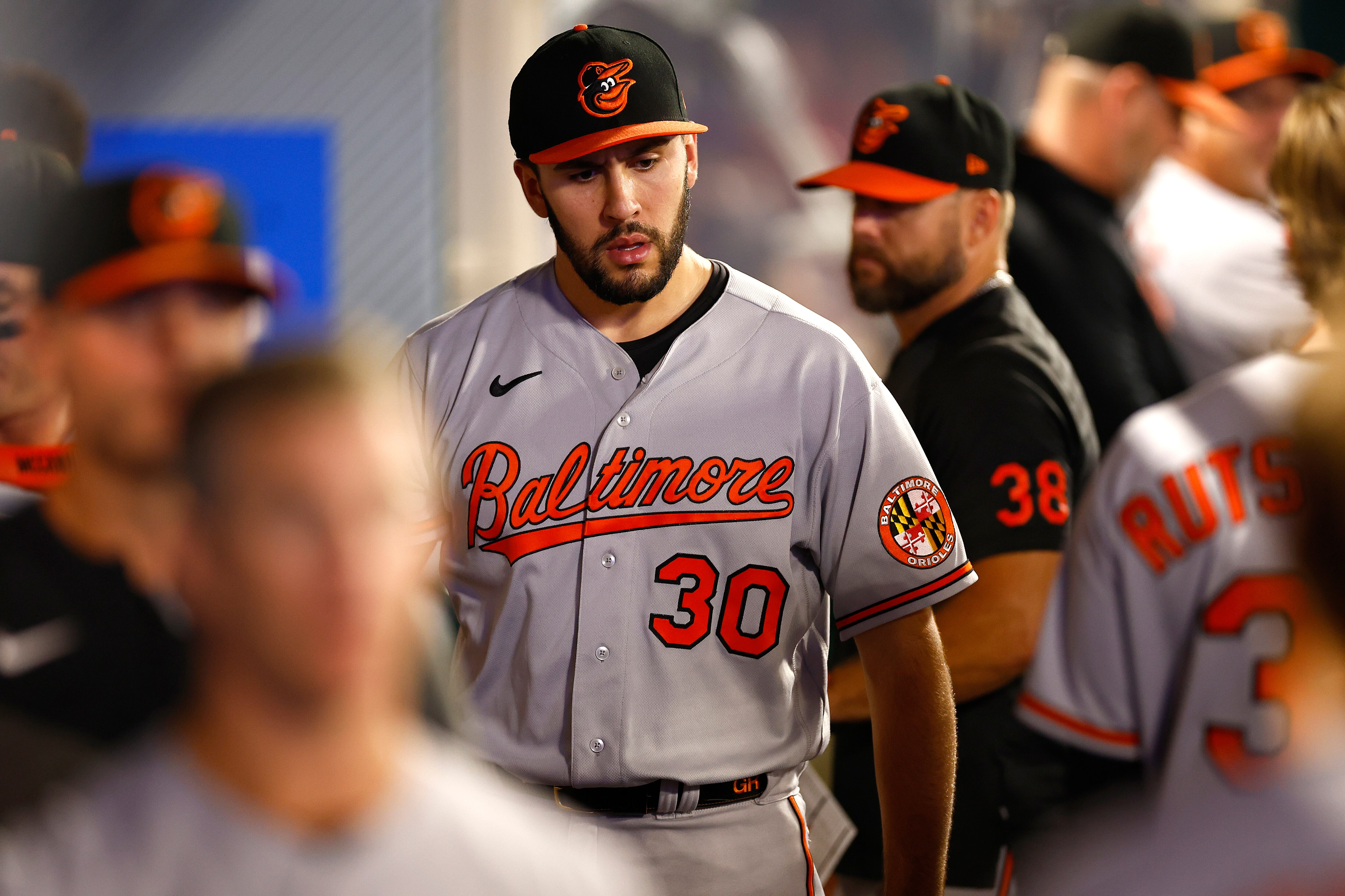 Grayson Rodriguez #30 of the Baltimore Orioles after the third out in the sixth inning against the Los Angeles Angels at Angel Stadium of Anaheim on September 04, 2023 in Anaheim, California.