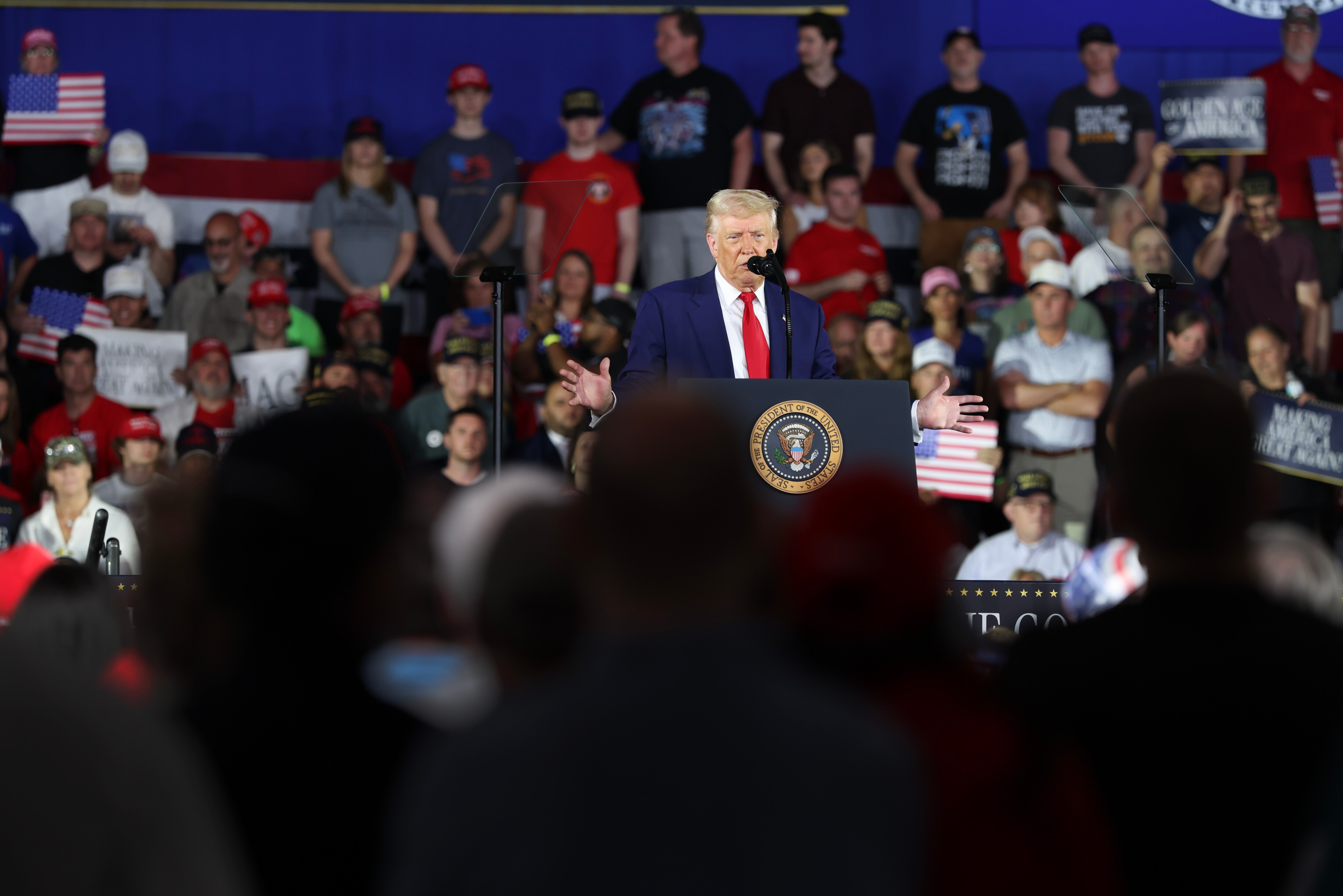 WARREN, MICHIGAN - APRIL 29: President Donald Trump speaks during a rally at Macomb Community College on April 29, 2025 at Warren, Michigan. Trump held the rally to highlight his accomplishments during his first 100 days in office, including closing the border, job creation and the economy.