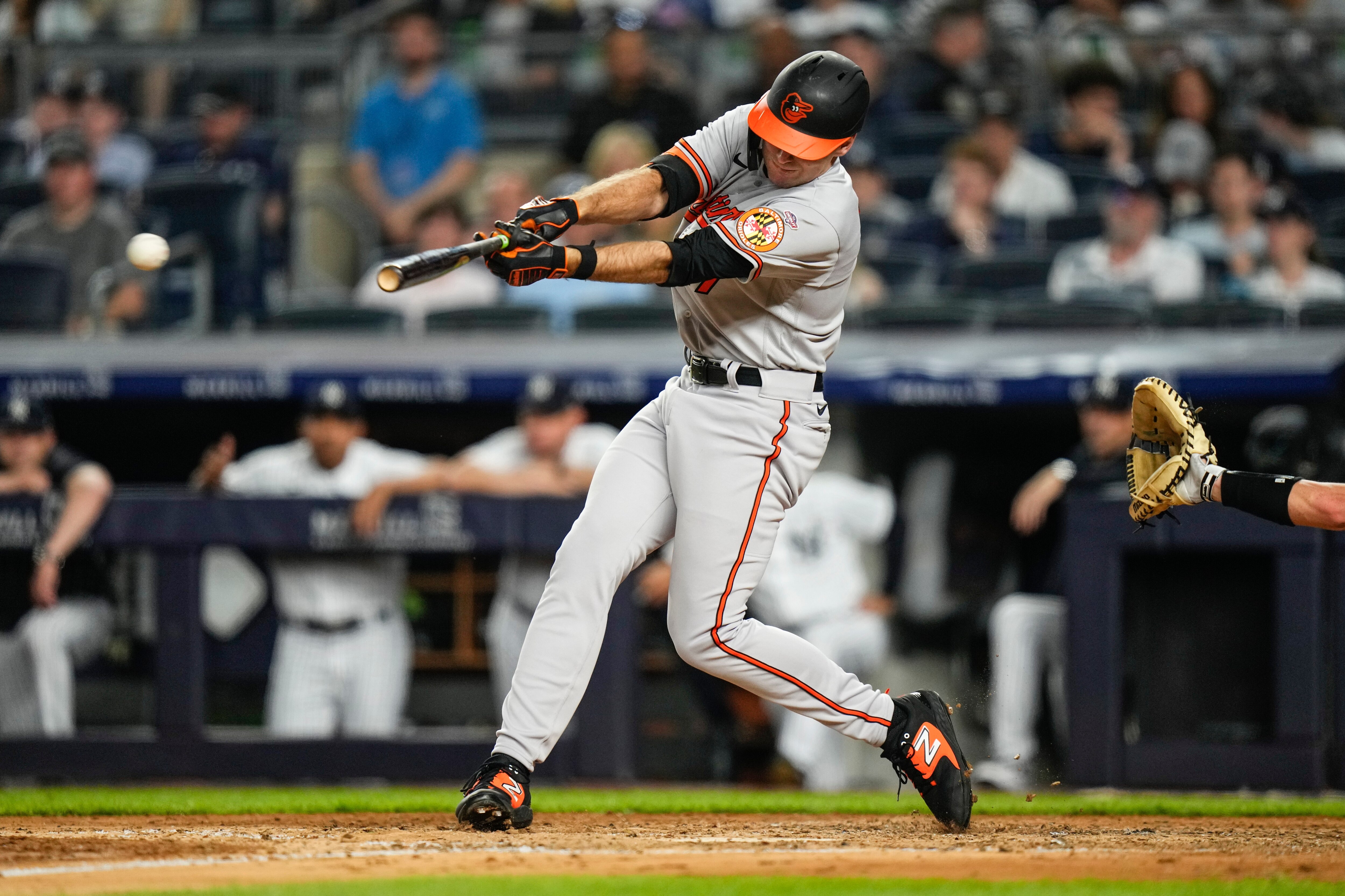 Baltimore Orioles’ Colton Cowser hits an RBI single against the New York Yankees during the sixth inning of a baseball game on Wednesday, July 5, 2023, in New York.
