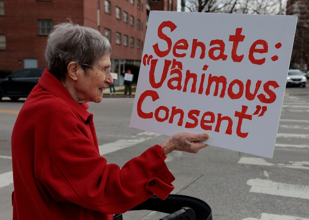 Barbara Rocah, 95, holds a sign during a protest.