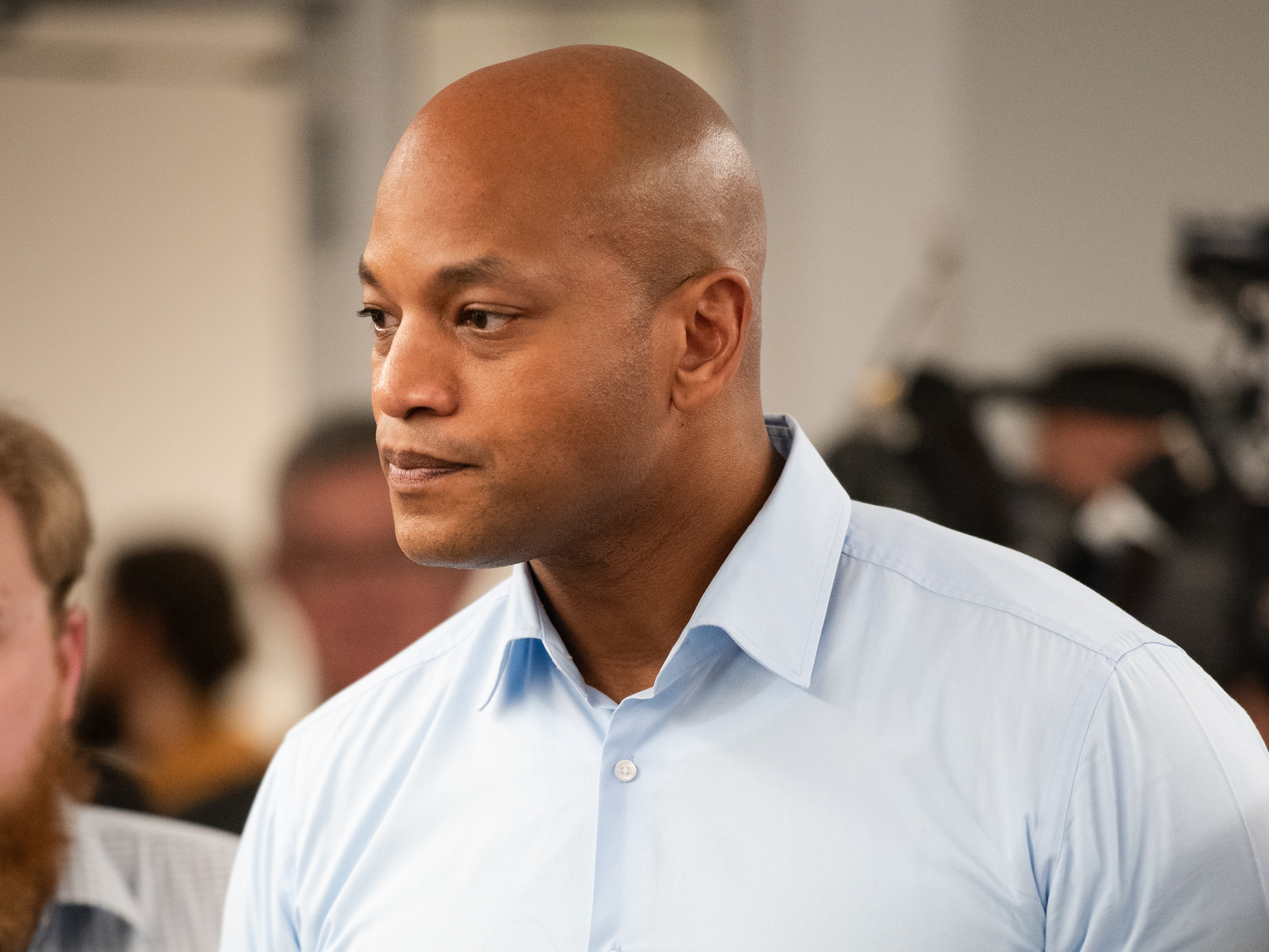 Gov. Wes Moore responding to questions during an event at Bowery Farming in Nottingham, MD. 03/06/2024