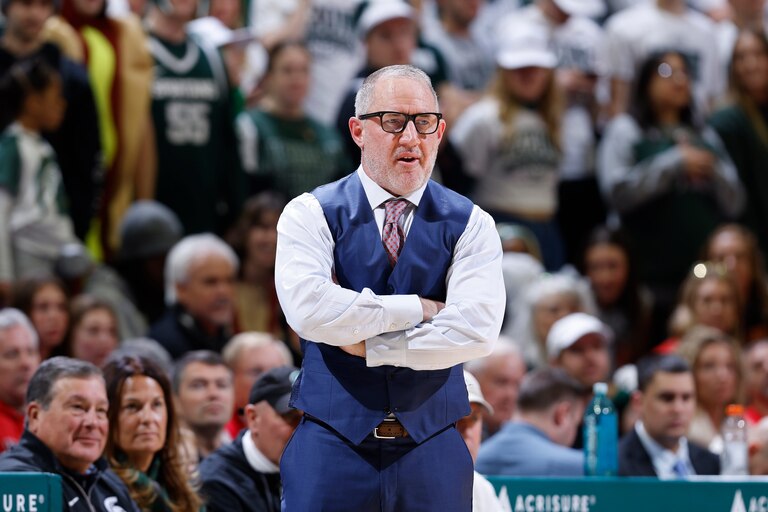 Maryland coach Buzz Williams watches during the first half of an NCAA college basketball game, Saturday, Jan. 24, 2026, in East Lansing, Mich.