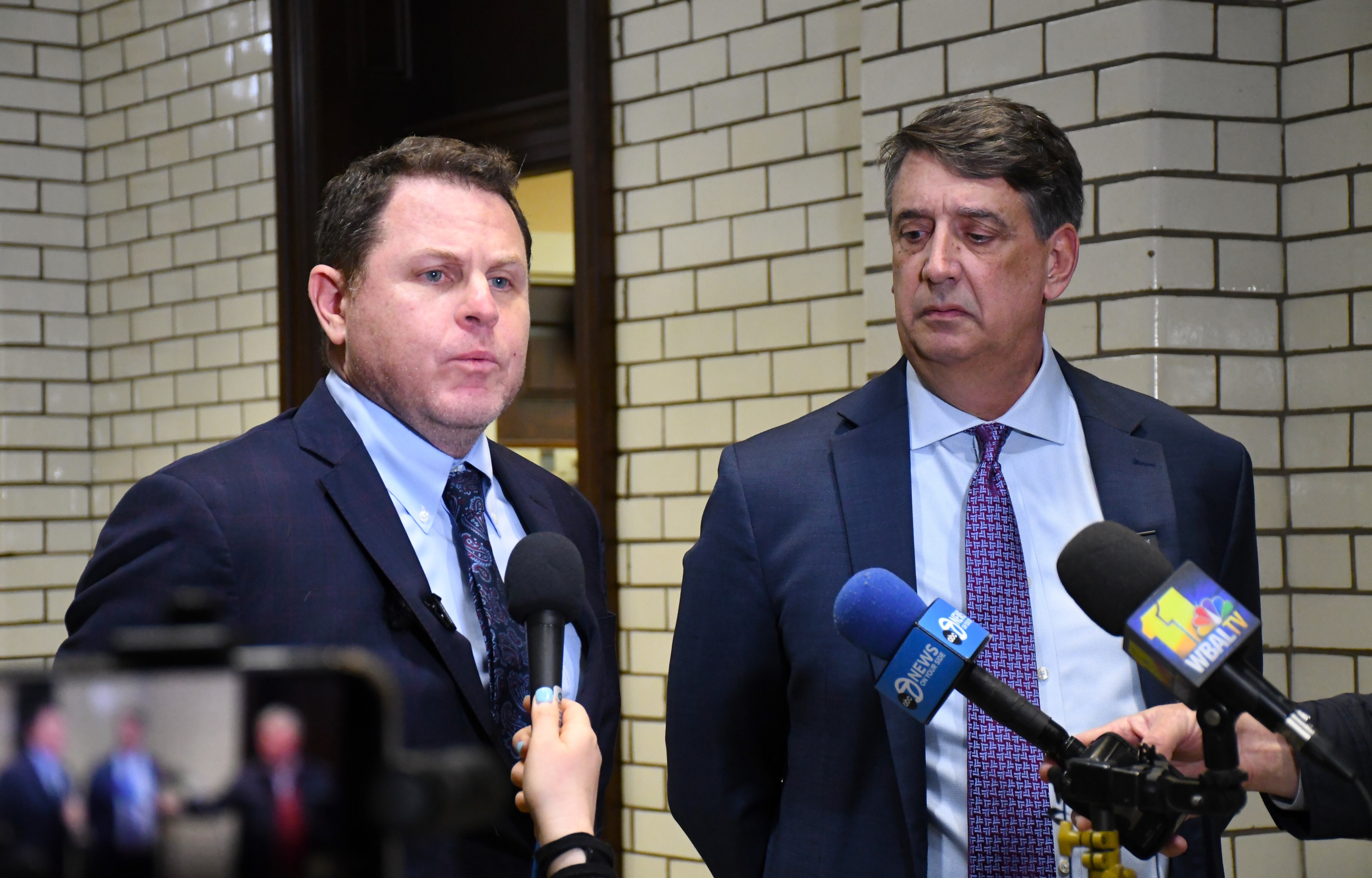 Del. Ben Barnes, left, and Sen. Guy Guzzone talk to reporters about the latest negotiations on the state budget, at the State House in Annapolis on Thursday, March 6, 2025. A new financial forecast shows the state will take in less money from taxes than expected, due largely to the Trump administration's actions to fire federal workers and slash spending.