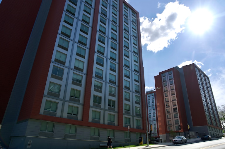 FRIDAY, APRIL 17, 2026 - Tower C residence hall, right, was the dorm at Towson University where a man accidentally shot himself in the leg. Police responded quickly and no students were injured.