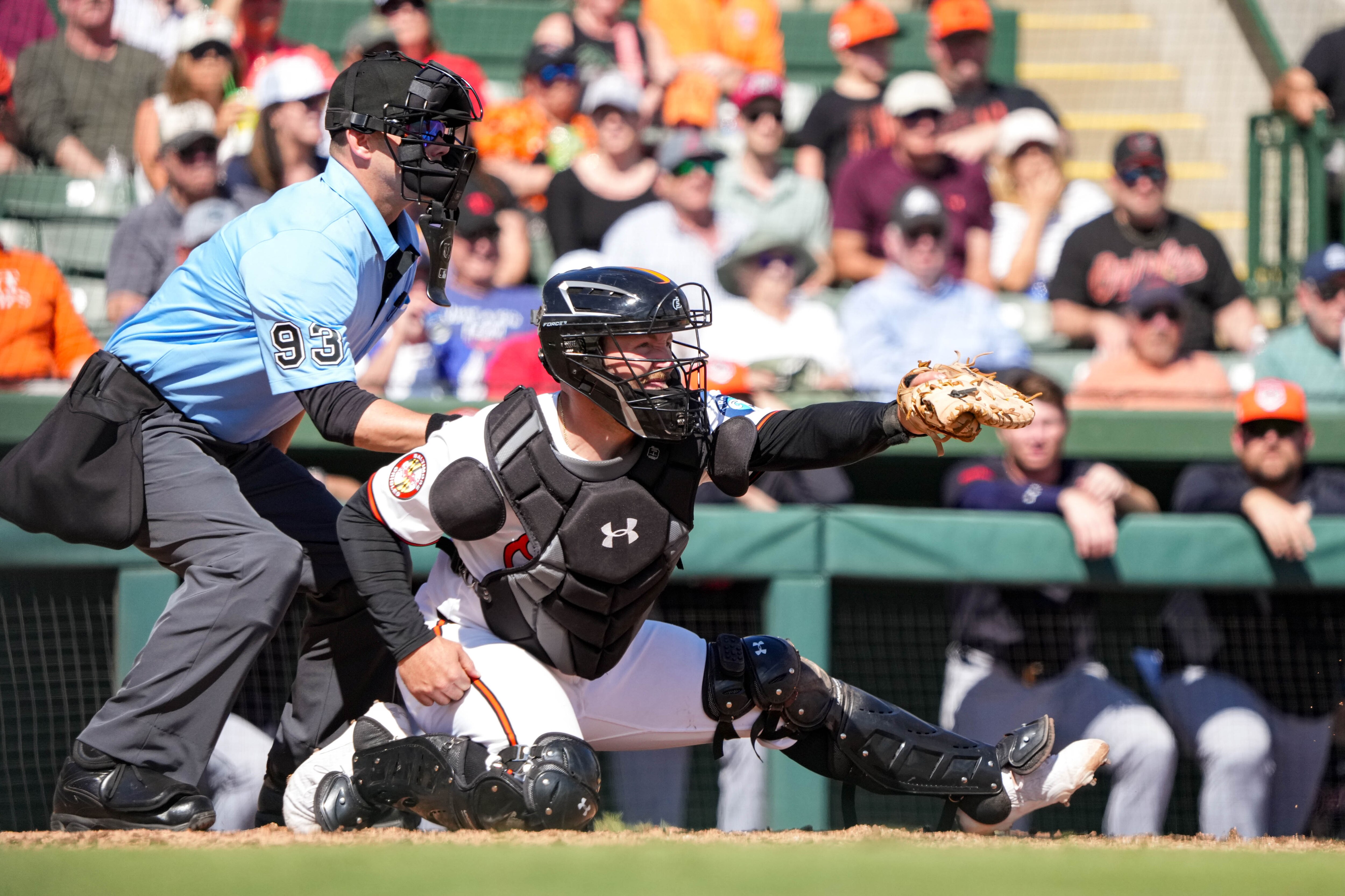 Catcher Maverick Handley frames a pitch during a Grapefruit League game in February.