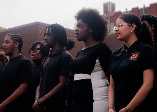 Thursday, April 16, 2026, in Baltimore — The Dunbar High School Choir performs during the the grand reopening of the historic Chick Webb Memorial Recreation Center in East Baltimore.