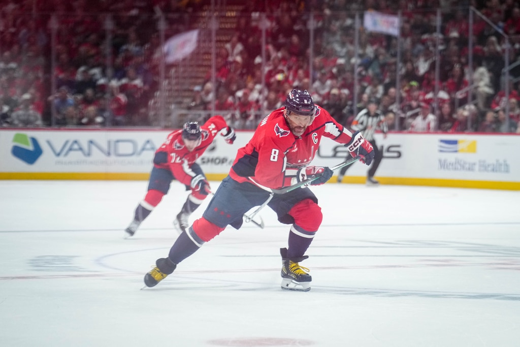 Washington Capitals left wing Alex Ovechkin (8) skates after the puck in the second period of an NHL match against the Pittsburgh Penguins at Capital One Arena in Washington, D.C. on Sunday, April 12, 2026.