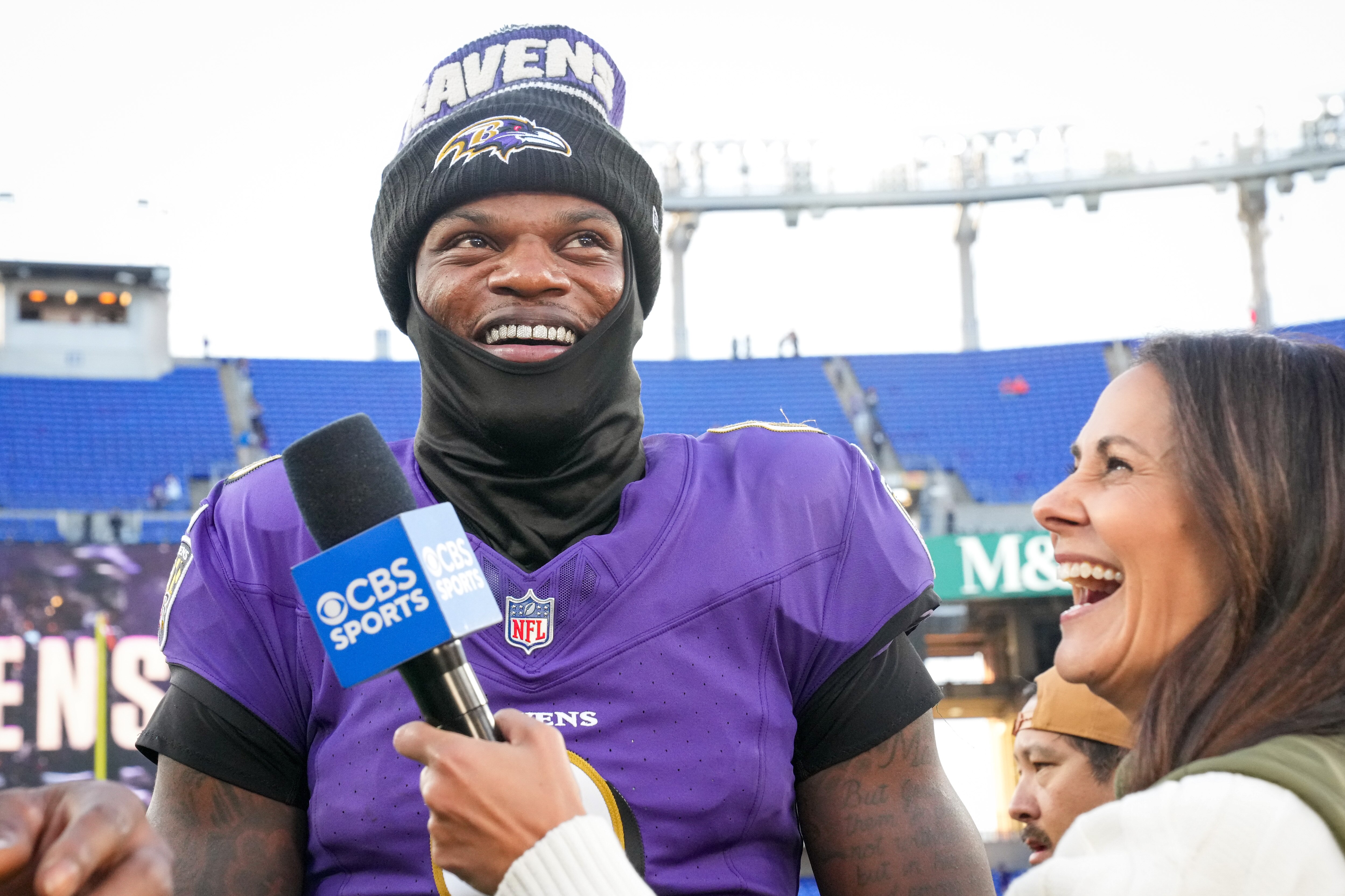 Baltimore Ravens quarterback Lamar Jackson (8) is interviewed by CBS Sports after winning a regular season game against the Denver Broncos at M&T Bank Stadium on Sunday, November 3, 2024.