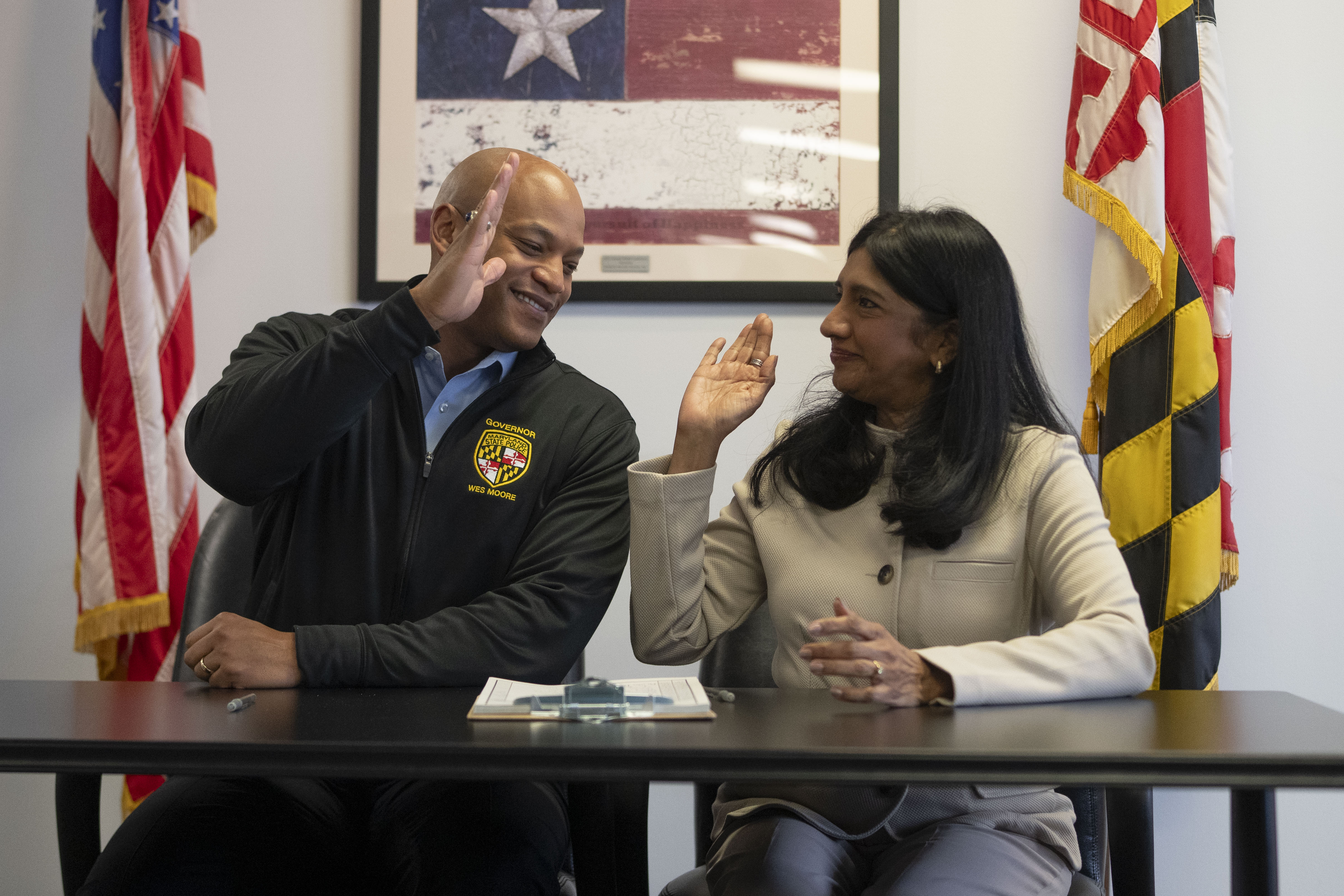 Gov. Wes Moore and Lt. Gov Aruna Miller  high-five after filing to run for reelection at the state elections office in Annapolis. Who else will be on the ballot? Candidates have until 9 p.m. Tuesday to register.