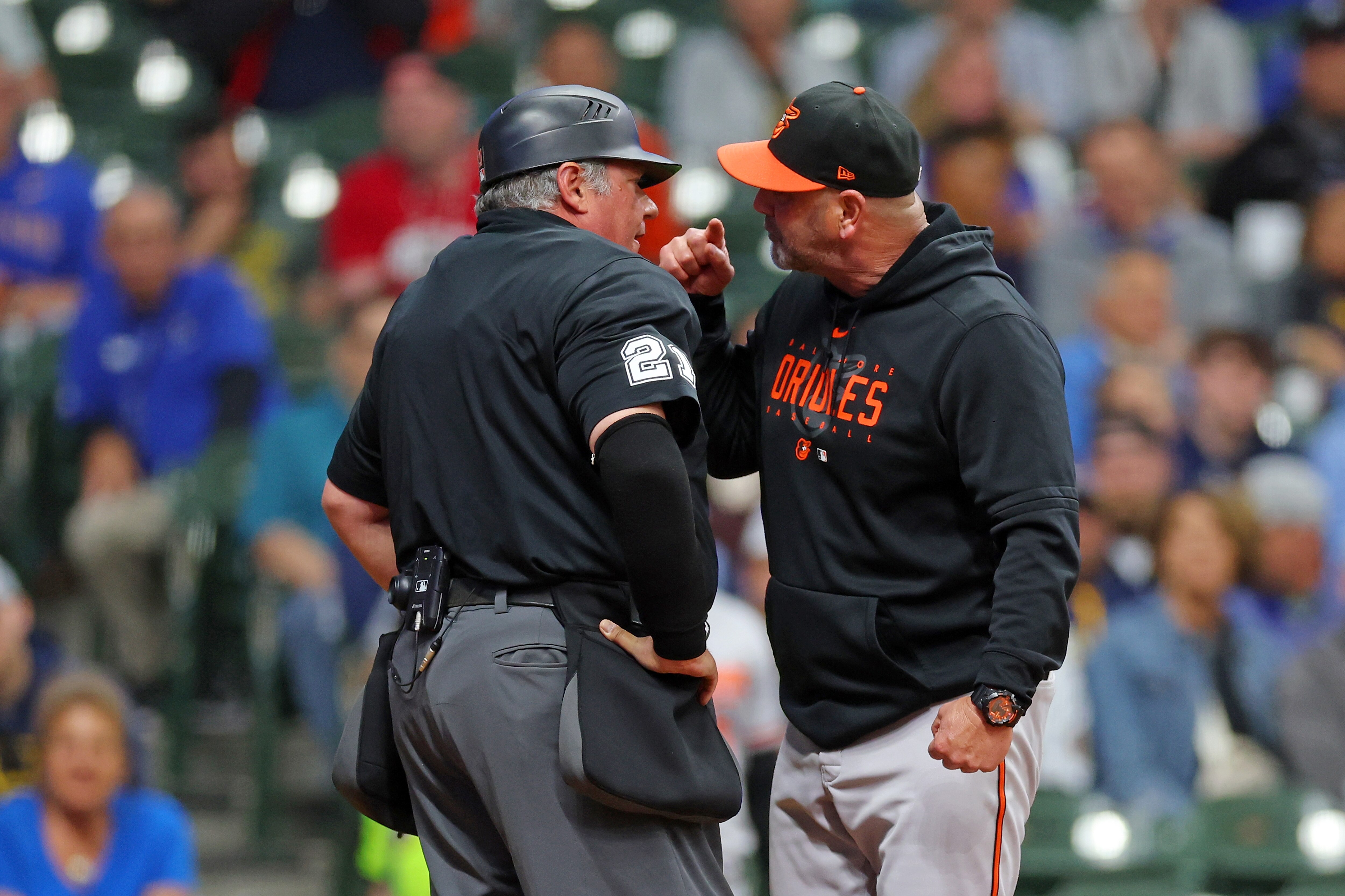 Manager Brandon Hyde #18 of the Baltimore Orioles argues a call with umpire Hunter Wendelstedt #21during the fifth inning against the Milwaukee Brewers at American Family Field on June 07, 2023 in Milwaukee, Wisconsin.