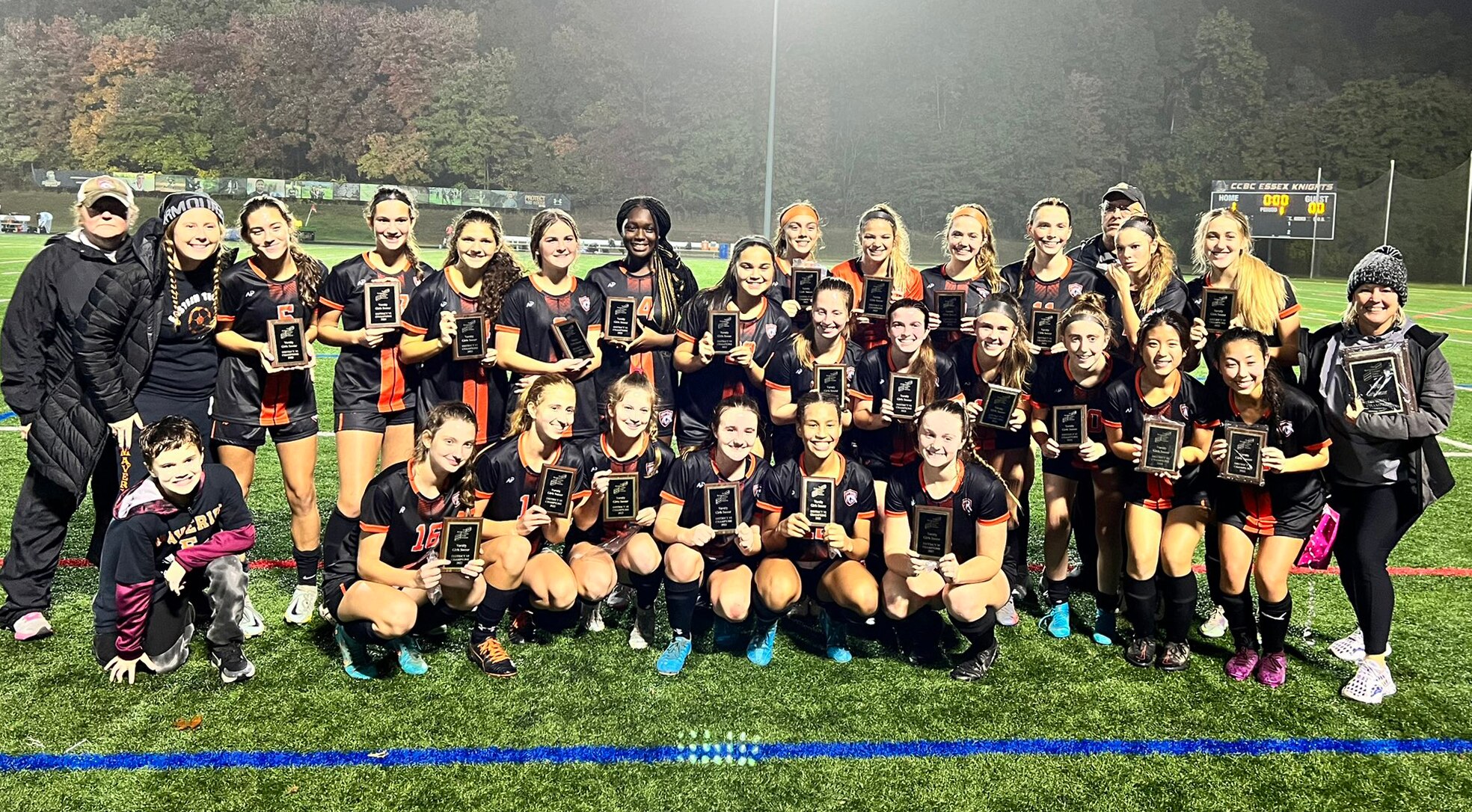 The Eastern Tech girls soccer team poses for team photo following its 1-0 win over Towson in the 2022 Baltimore County Girls Soccer Championship Game, Tuesday at CCBC-Essex. It was the 200th career win for Tech coach Kim Williams.