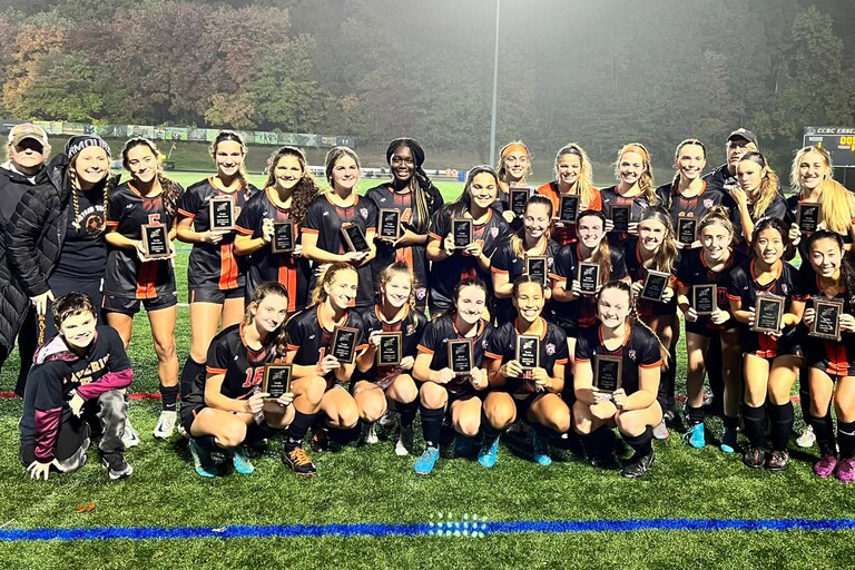 The Eastern Tech girls soccer team poses for team photo following its 1-0 win over Towson in the 2022 Baltimore County Girls Soccer Championship Game, Tuesday at CCBC-Essex. It was the 200th career win for Tech coach Kim Williams.