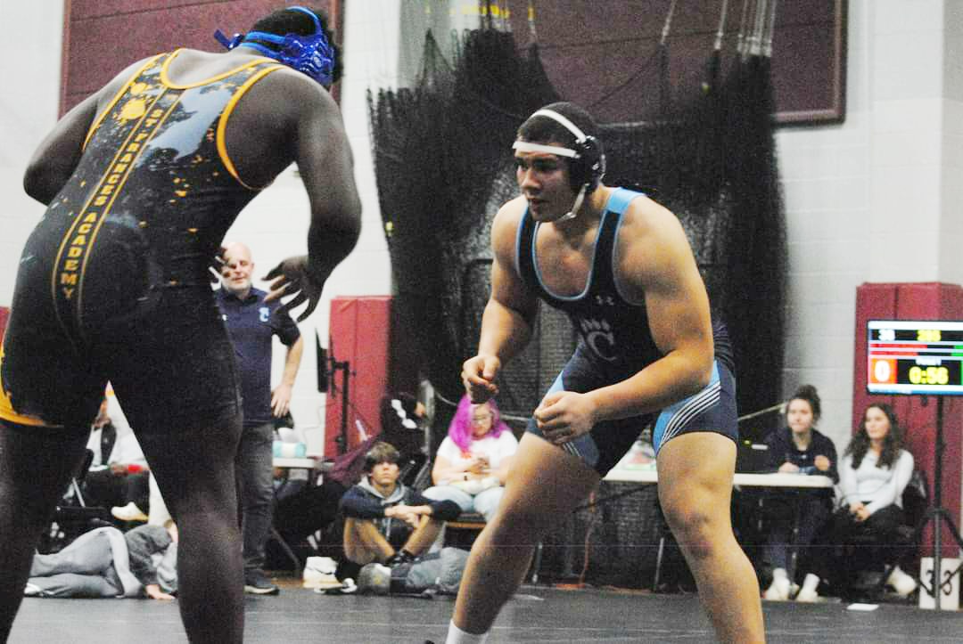 Chesapeake-Anne Arundel sophomore Delmar White (right), 285, improved to 31-0 (17 pins) following last weekend's 14-team Cavalier Duals at Archbishop Spalding of Anne Arundel County.