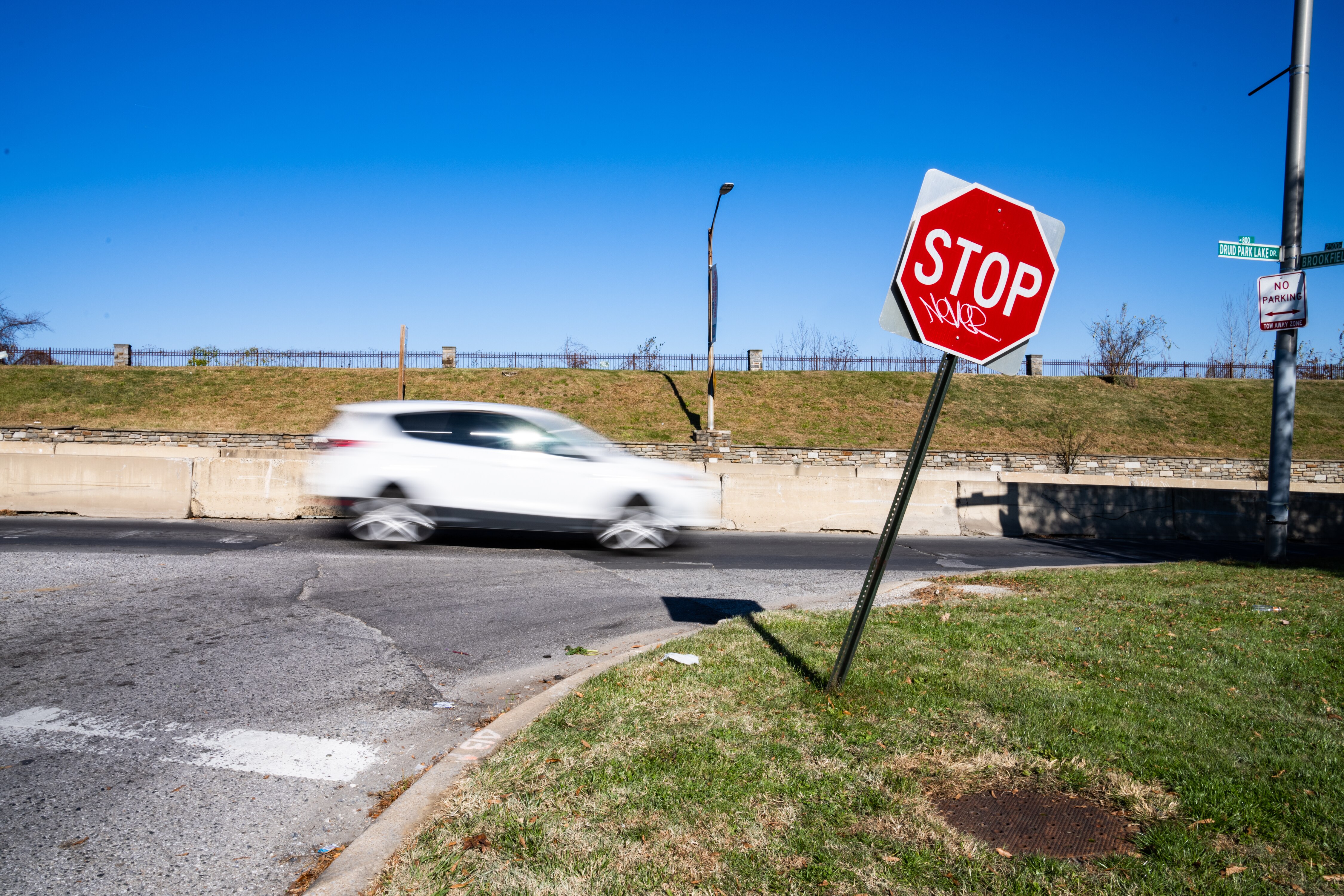 Damaged traffic signs on Druid Park Lake Dr. and Brookfield Dr., Baltimore, Md., on November 23, 2022.