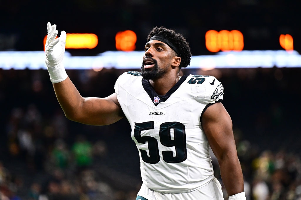Philadelphia Eagles defensive tackle Thomas Booker celebrates a win against the New Orleans Saints in September.