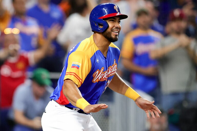 MIAMI, FLORIDA - MARCH 14: Anthony Santander #25 of Team Venezuela celebrates after scoring a run against Team Nicaragua during the fourth inning in a World Baseball Classic Pool D game at loanDepot park on March 14, 2023 in Miami, Florida.