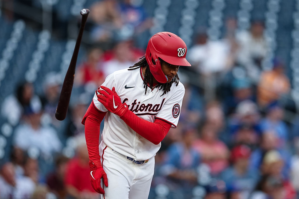 Washington Nationals shortstop CJ Abrams tosses his bat after hitting a three-run home run against the New York Mets during the first inning.