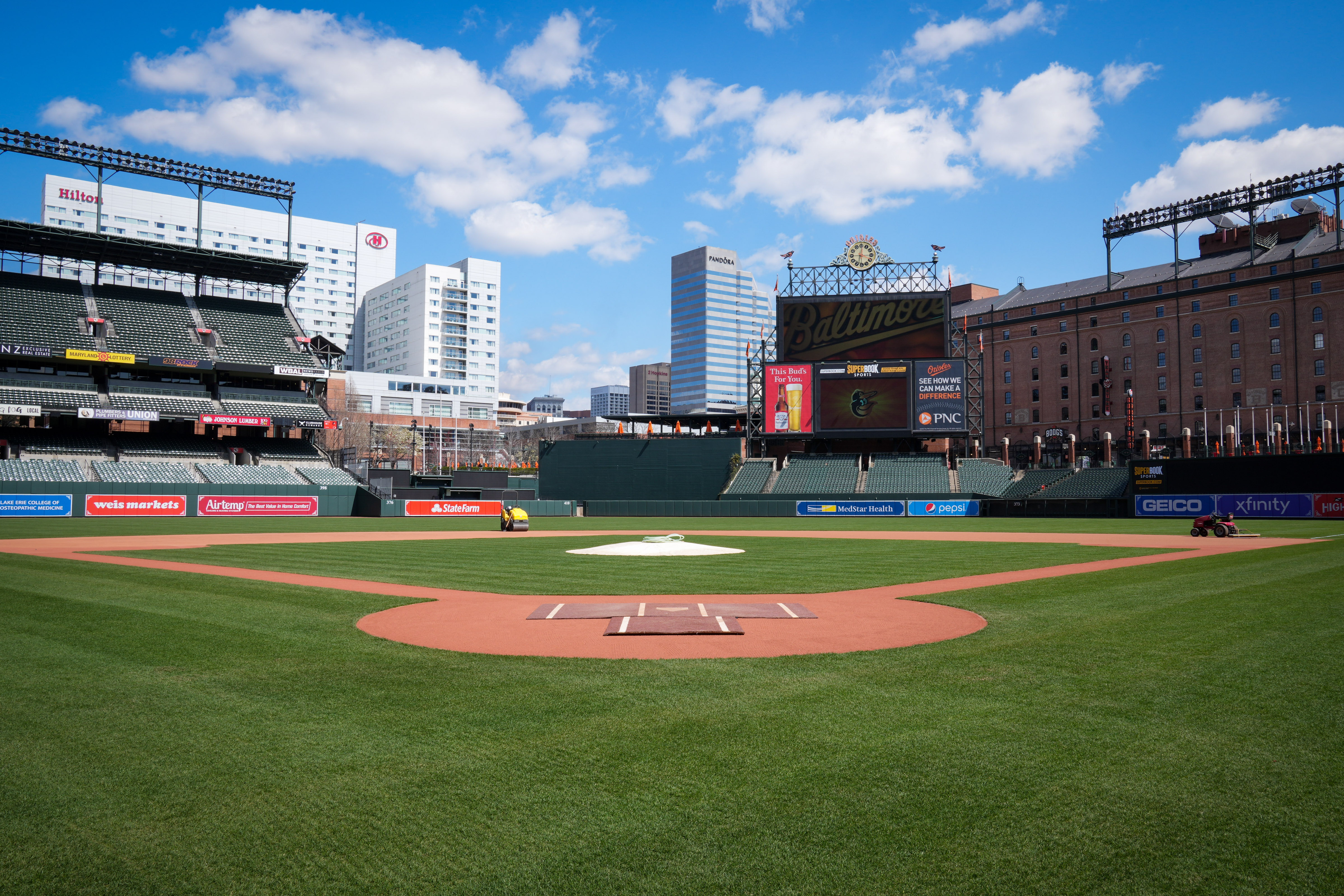 A view of Oriole Park at Camden Yards’ playing field, which received brand-new turf for the first time in 23 years, is seen during a media preview in March.