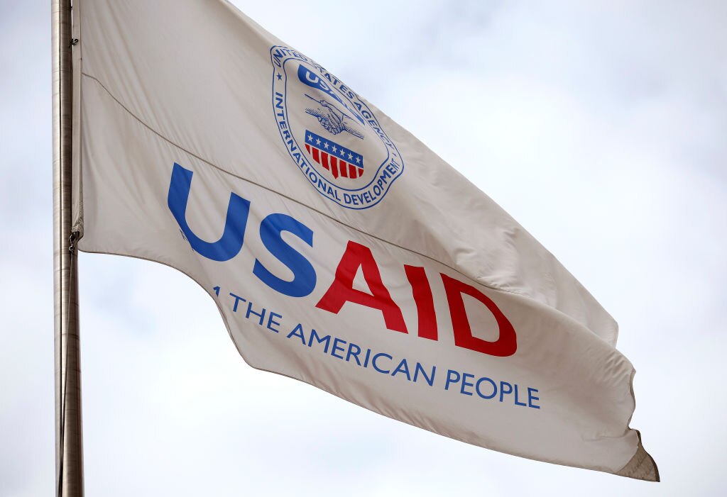 A flag outside of the U.S. Agency for International Development (USAID) headquarters.