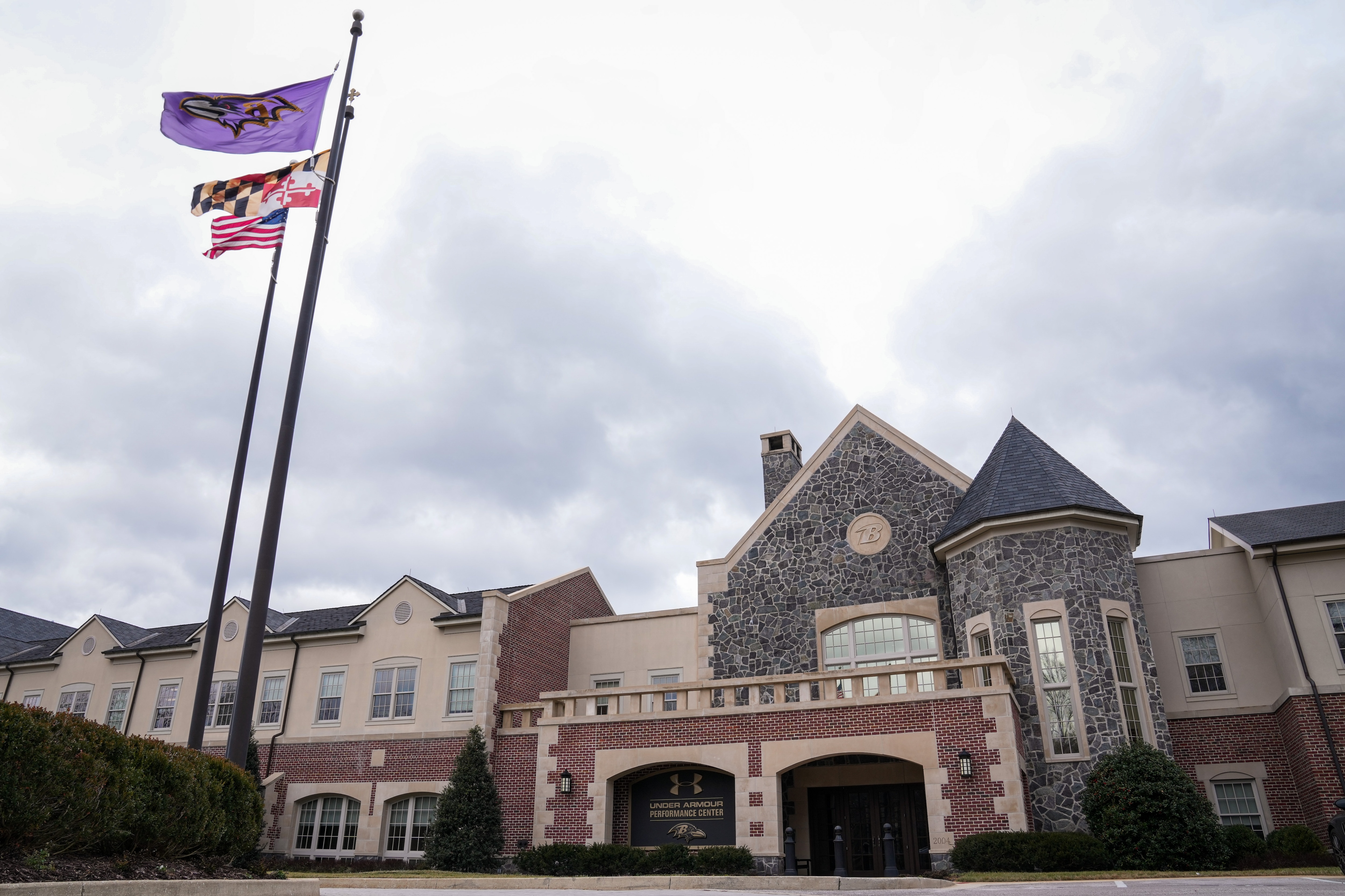 The exterior of the Under Armour Performance Center, the Baltimore Ravens’ training facility in Owings Mills, on Feb. 2, 2024.
