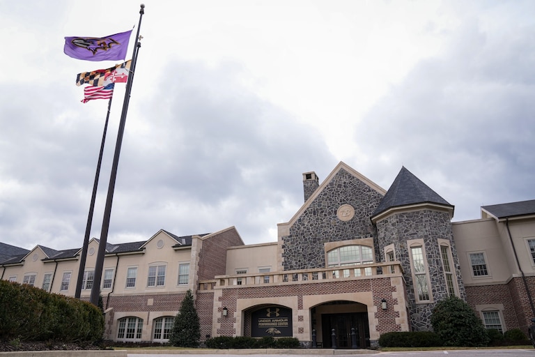 The exterior of the Under Armour Performance Center, the Baltimore Ravens’ training facility in Owings Mills, on February 2, 2024.