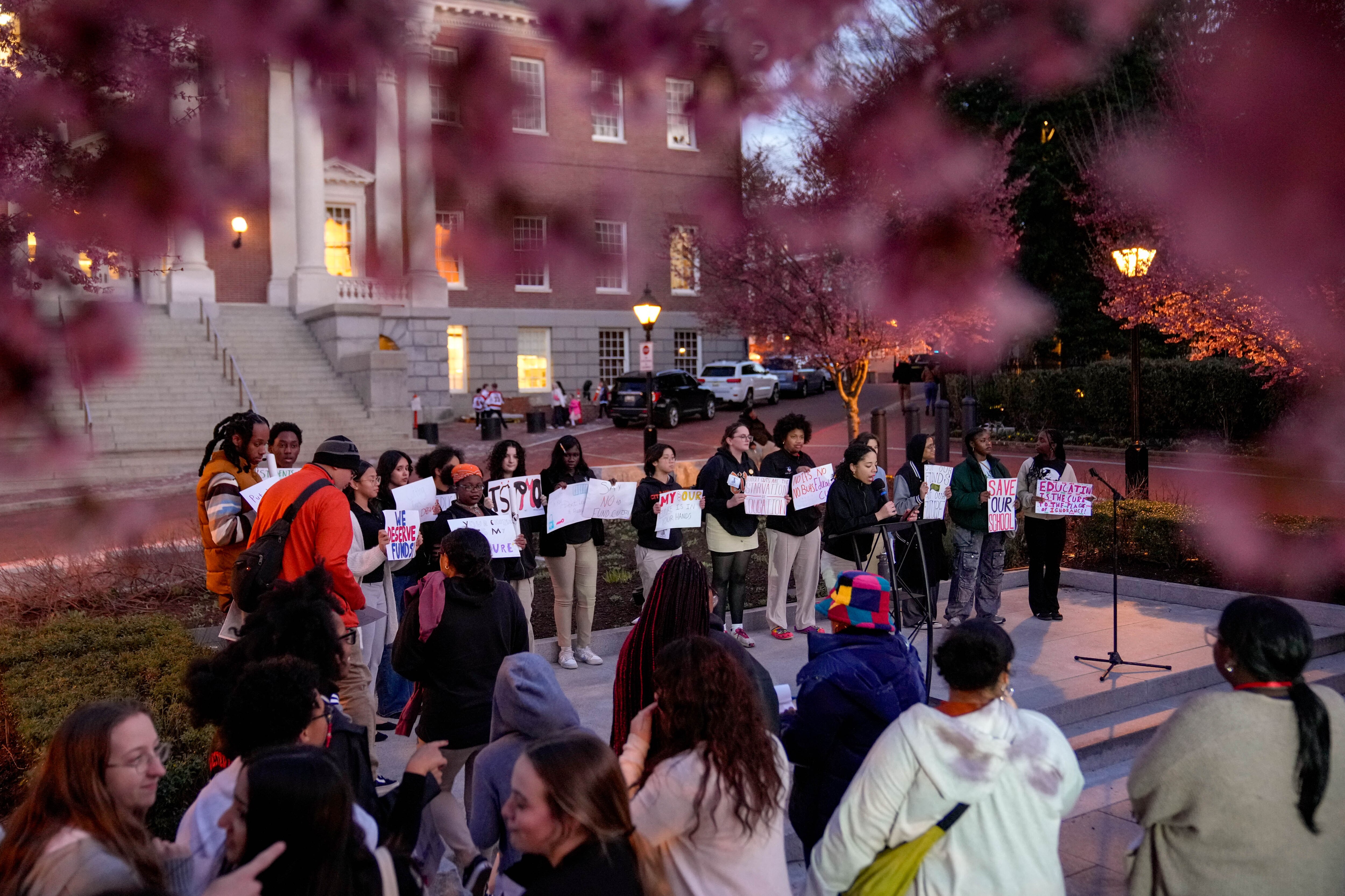 Students rally outside the Maryland State House in Annapolis last week to urge lawmakers not to approve cuts to the Blueprint for Maryland's Future. The House of Delegates, and now the state Senate, have made changes to the plan that will need to be sorted out in the final weeks of the General Assembly session. 