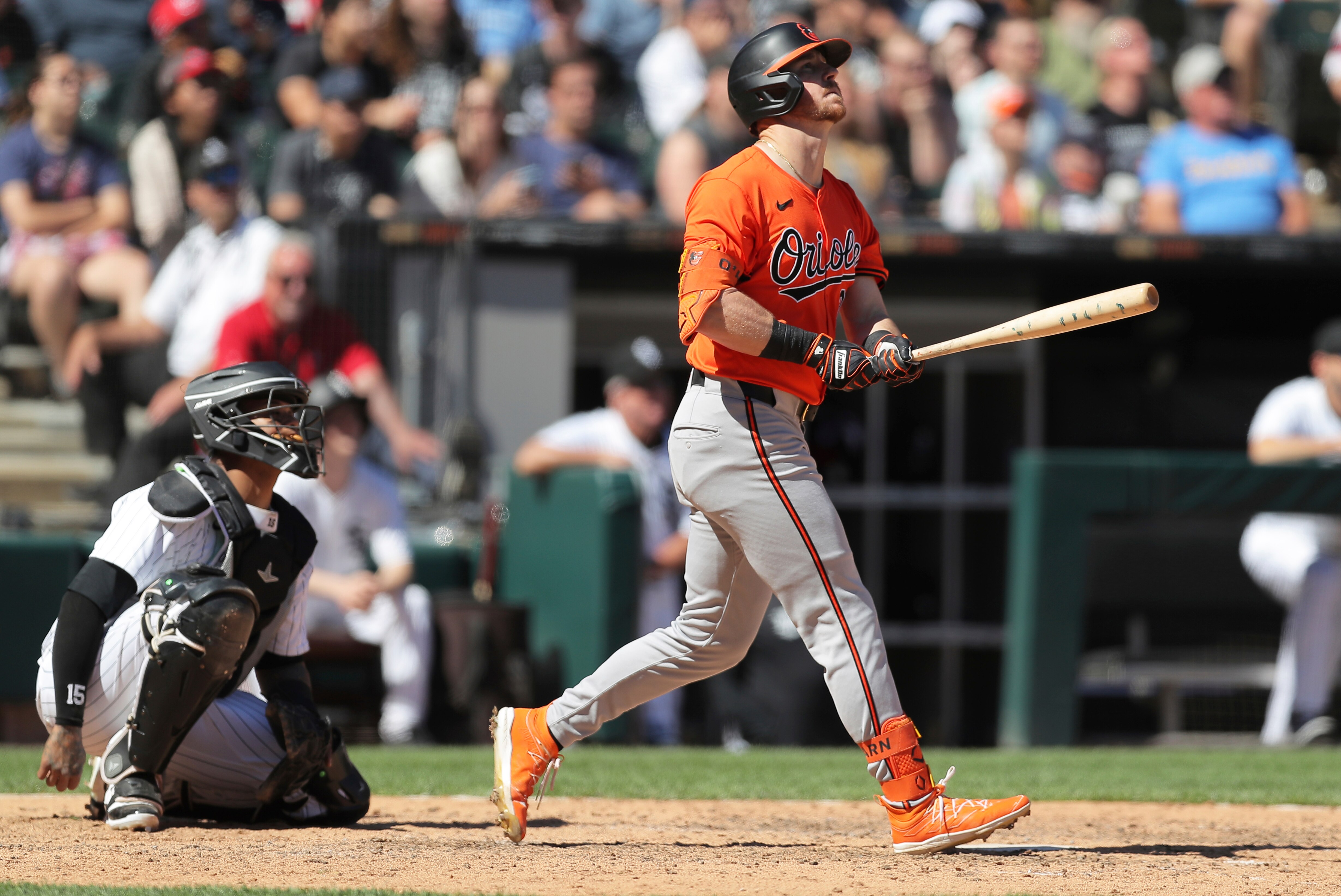 Baltimore Orioles Ryan O’Hearn watches the ball after hitting a two-run home run during the eighth inning against the Chicago White Sox on May 25. (AP Photo/Melissa Tamez)
